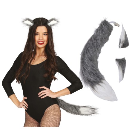 Cola y orejas grises de lobo-Tus disfraces baratos
