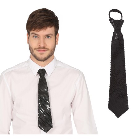 Corbata negra con lentejuelas 35 cm-Tus disfraces baratos