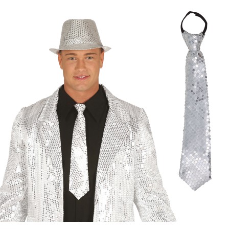Corbata plata con lentejuelas 35 cm-Tus disfraces baratos