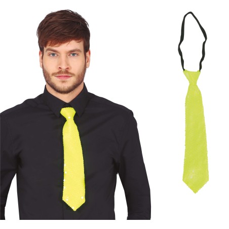 Corbata amarillo neon con lentejuelas 37 cm-Tus disfraces baratos