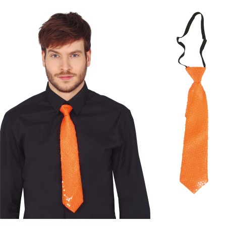 Corbata naranja neon con lentejuelas 37 cm-Tus disfraces baratos