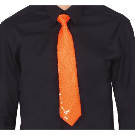 Corbata naranja neon con lentejuelas 37 cm