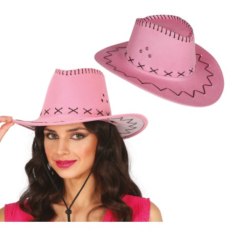 Sombrero vaquero rosa simil piel adulto-Tus Disfraces baratos