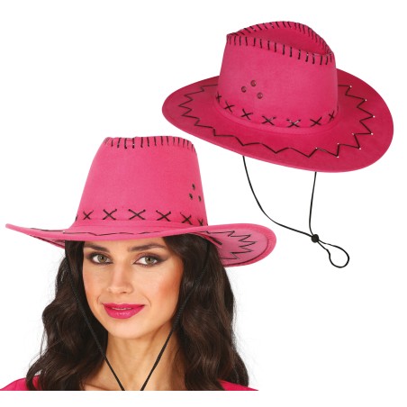 Sombrero vaquero fucsia simil piel adulto-Tus Disfraces baratos