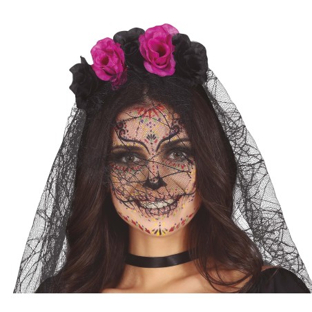 Diadema catrina flores lila negras con velo-Tus Disfraces