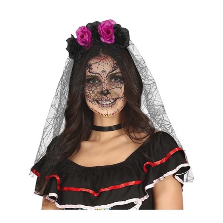 Diadema catrina flores lila negras con velo