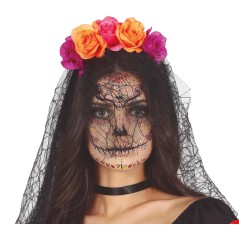 Diadema catrina flores lila naranja con velo-Tus Disfraces