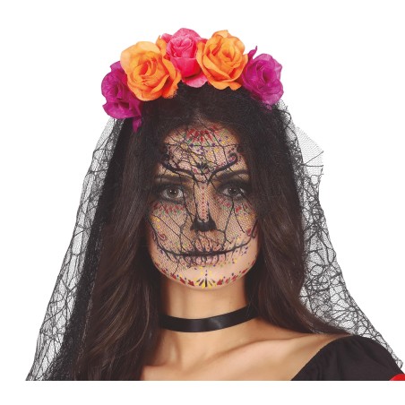 Diadema catrina flores lila naranja con velo-Tus Disfraces
