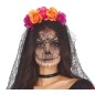 Diadema catrina flores lila naranja con velo