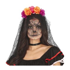 Diadema catrina flores lila naranja con velo