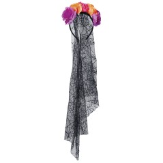 Diadema catrina flores lila naranja con velo-Tus Disfraces
