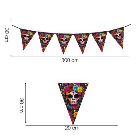 Banderin triangular catrina dia muertos 3 mt papel-Tus Disfraces