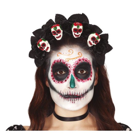 Diadema catrina flores negras con calveras