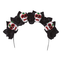 Diadema catrina flores negras con calveras-Tus Disfraces