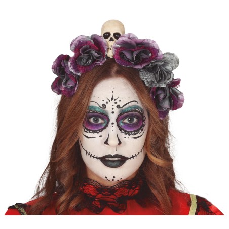 Diadema flores grises con calavera catrina halloween-Tus Disfraces