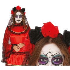 Diadema catrina flores negras y rojas con velo-Tus Disfraces