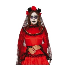 Diadema catrina flores negras y rojas con velo