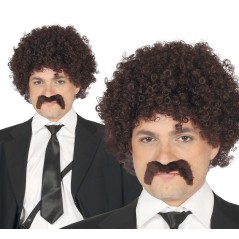 Peluca rizos castaña afro con bigote años 60 70-Tus disfraces baratos