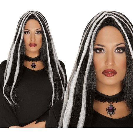 Peluca negra mechon negro 60 cm bruja-Tus Disfraces