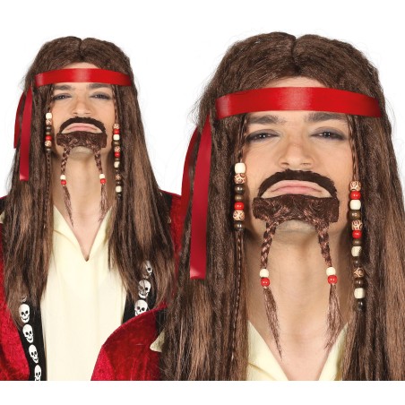 Peluca pirata caribeño castaña con rastas perilla y abalorios-Tus disfraces baratos