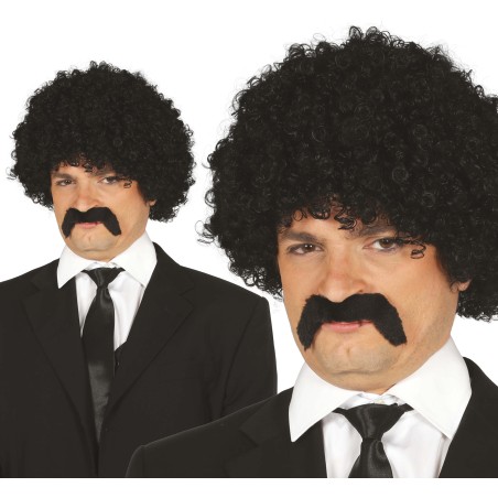 Peluca rizos negra afro con bigote años 60 70-Tus disfraces baratos