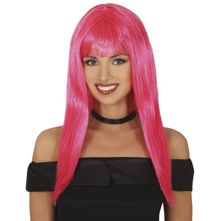 Peluca rosa larga con flequillo