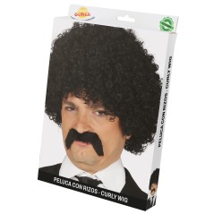 Peluca rizos negra afro con bigote años 60 70