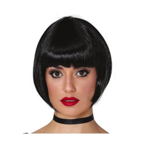 Peluca cabaret media melena negra flequillo