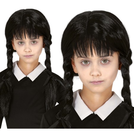 Peluca trenzas negras con flequillo infantil-Tus Disfraces