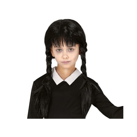 Peluca trenzas negras con flequillo infantil
