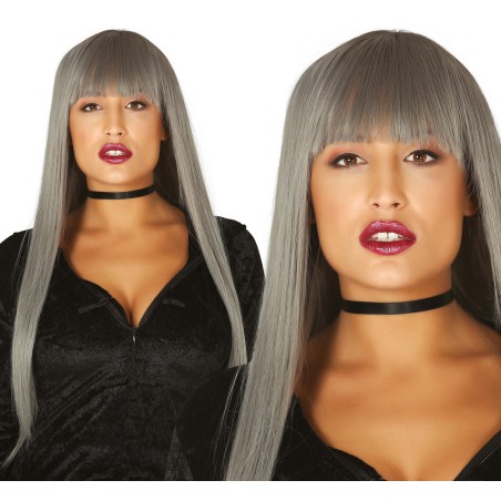 Peluca canosa gris con flequillo bruja o fantasma-Tus Disfraces