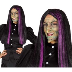 Peluca bruja negra mechon morado-Tus Disfraces