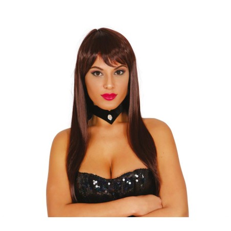 Peluca castaña con flequillo melena larga show