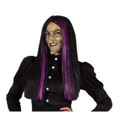 Peluca bruja negra mechon morado