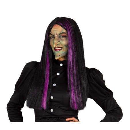 Peluca bruja negra mechon morado