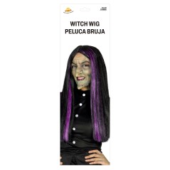 Peluca bruja negra mechon morado-Tus Disfraces