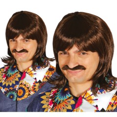 Peluca castaña con bigote hippie años 60 70 hombre-Tus disfraces baratos