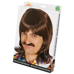 Peluca castaña con bigote hippie años 60 70 hombre
