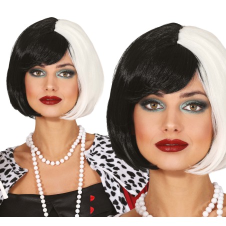 Peluca blanca y negra corta cruella de vil dalmatas