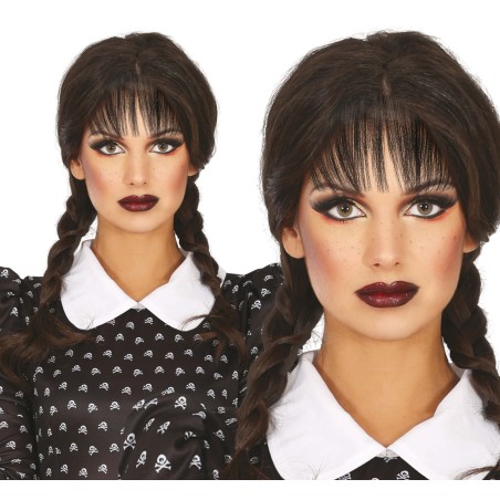 Peluca trenzas negras con flequillo-Tus Disfraces