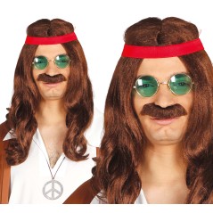 Peluca hippie con bigote y cinta castaña años 60 70-Tus disfraces baratos