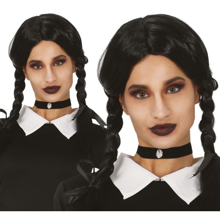 Peluca negra con trenzas miercoles infantil-Tus Disfraces