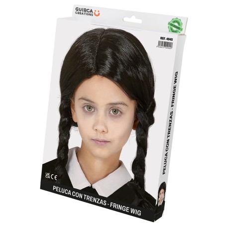 Peluca negra con trenzas miercoles infantil