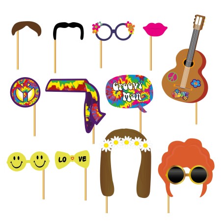 Set photocall hippie 12 piezas con palito-Tus Disfraces