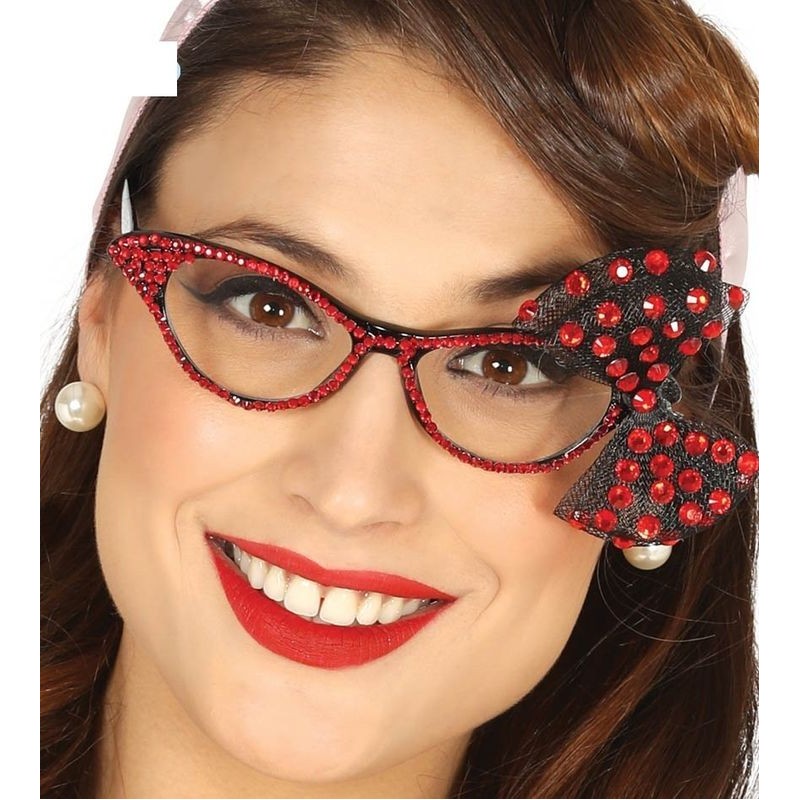 Gafas años 50 con lazo y brillantes rojos secretaria