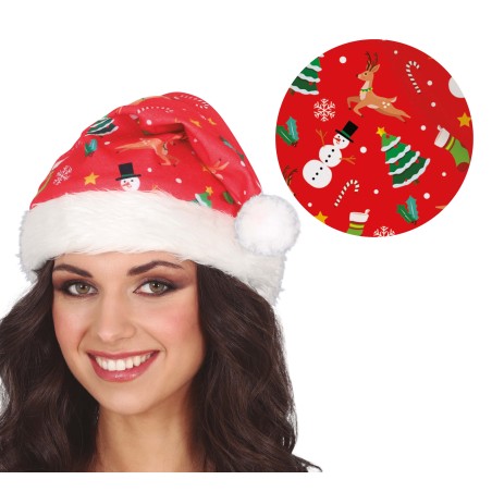 Gorro papa noel rojo estampado muñeco nieve-Tus Disfraces