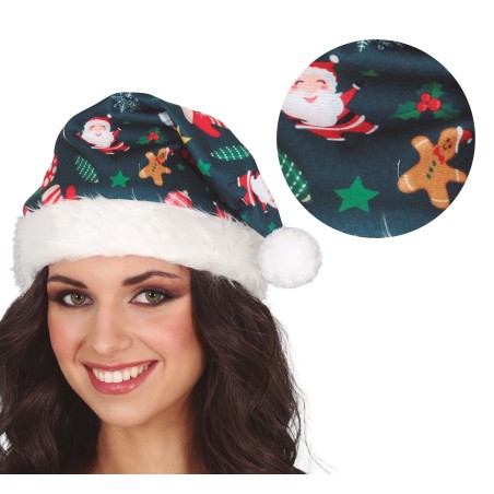 Gorro papa noel verde estampado-Tus Disfraces