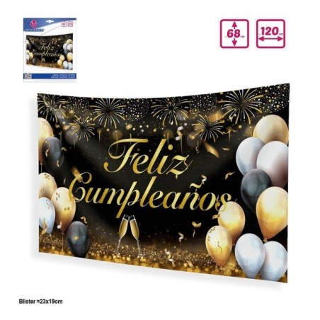 Cartel tela Feliz cumpleanos negro y oro 120x68 cm 8447196217126 21712