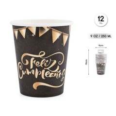 Vasos feliz cumpleaños negros 12 uds