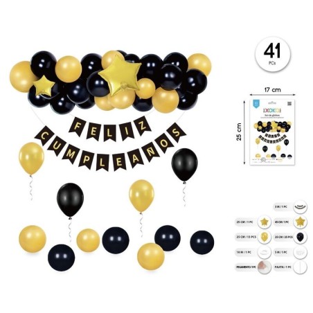Guirnalda Feliz cumpleaños negro oro con 8 globos
